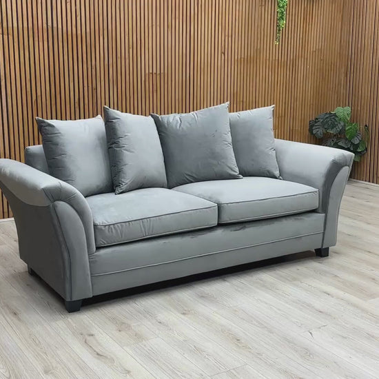 Video Of ‘Leila’ contemporary living room suite, showcasing two matching 3-seater sofas beautifully upholstered in a durable, modern Grey fabric with a clean linear profile.