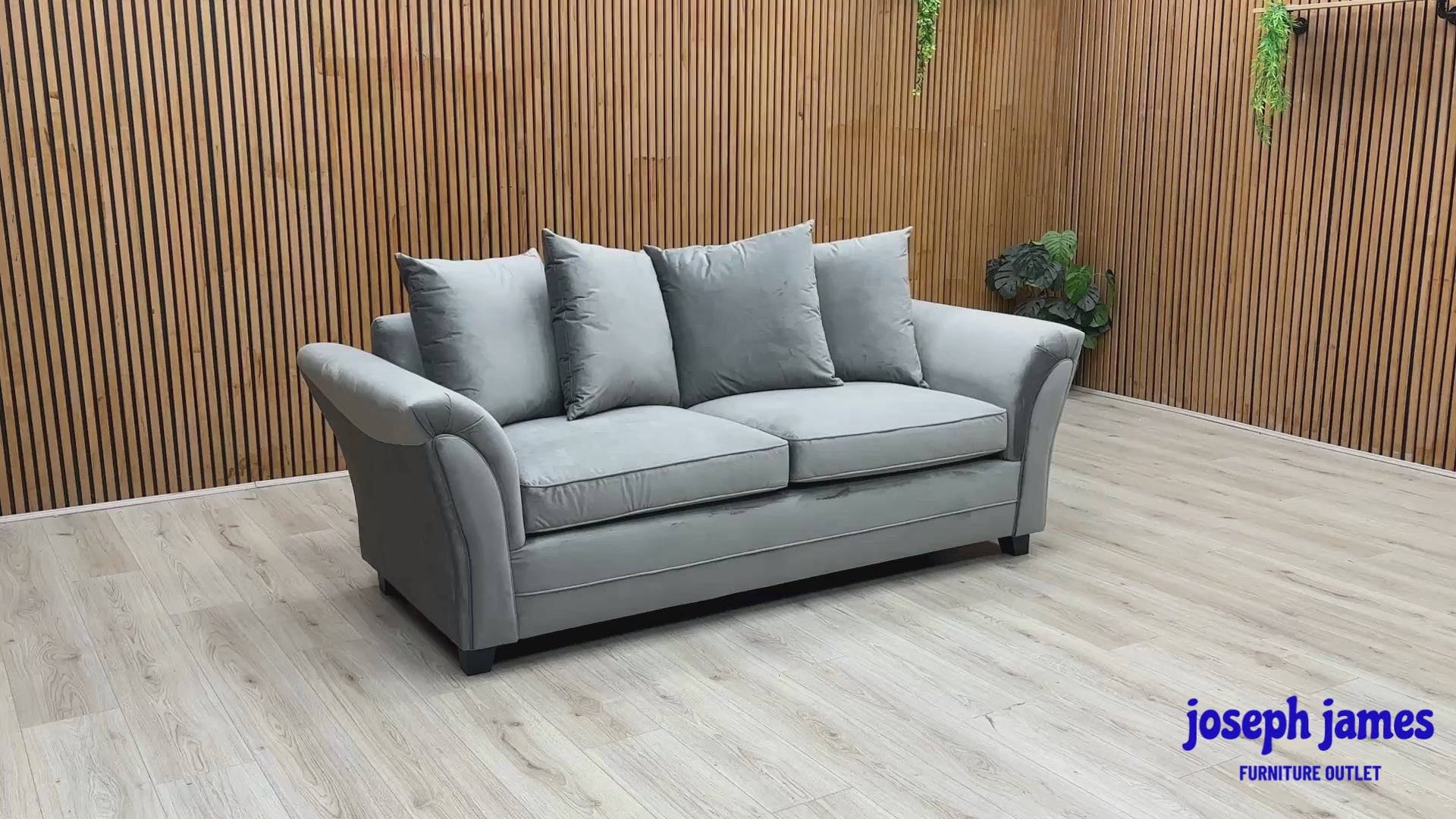 Video Of ‘Leila’ contemporary living room suite, showcasing two matching 3-seater sofas beautifully upholstered in a durable, modern Grey fabric with a clean linear profile.