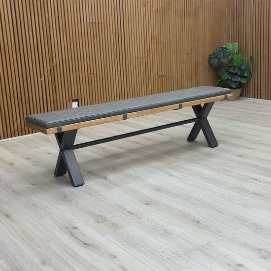 A video of Bench with black seat and wooden sides on a white background