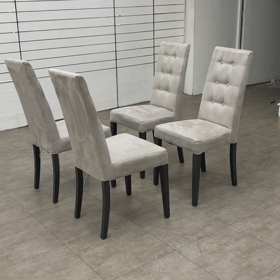 Video for a clip demonstrating the features, fabric texture, and shape of the 'Mia' Silver Suede High Back Button Back Dining Chair.