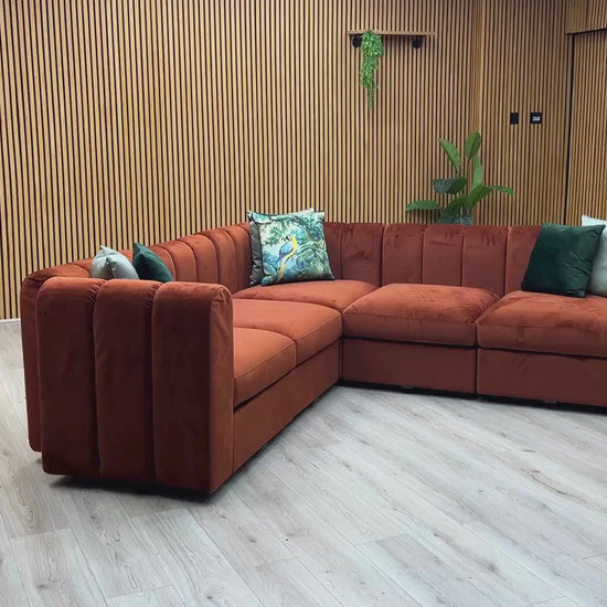 Video Of ‘New Sofables So Together’ contemporary modular corner sofa suite, beautifully upholstered in vibrant Rust Orange Sofables Splendour fabric.