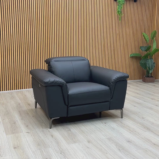 Video Of ‘Lorenza’ contemporary power recliner armchair, beautifully upholstered in a premium matte Black Leather Mix finish.