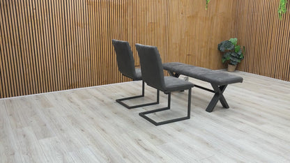 ‘Moon’ Grey Fabric 140cm Dining Bench + 2 Cantilever Dining Chairs
