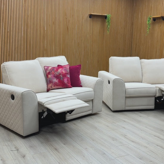 Video walk-around of the ‘Orka’ Cream Plaza Linen 2+2 sofa set, showing the manual reclining mechanism and fabric quality.