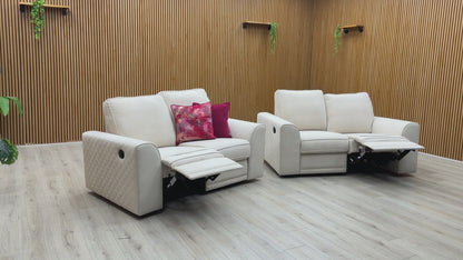 Video walk-around of the ‘Orka’ Cream Plaza Linen 2+2 sofa set, showing the manual reclining mechanism and fabric quality.