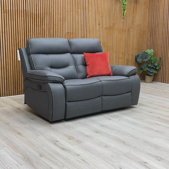 Product video tour of the ‘Dante’ Grey Fabric 2 Seater Manual Recliner, demonstrating the smooth latch-release mechanism and the full reclining range for both seats.