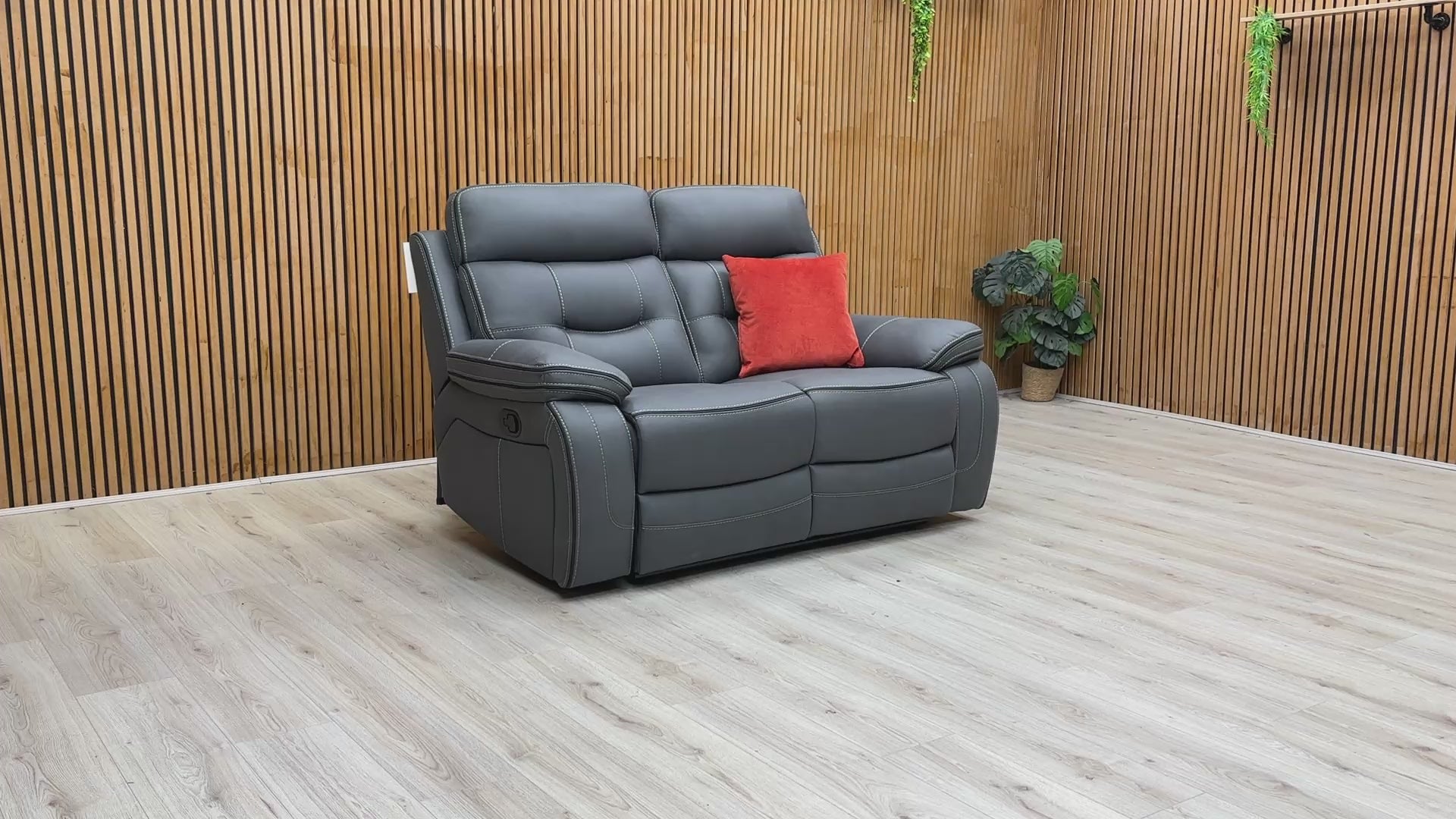 Product video tour of the ‘Dante’ Grey Fabric 2 Seater Manual Recliner, demonstrating the smooth latch-release mechanism and the full reclining range for both seats.