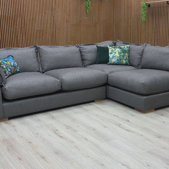 Video preview demonstrating the features and scale of the 'Gaia' Charcoal Grey Right Hand Facing Corner Sofa.