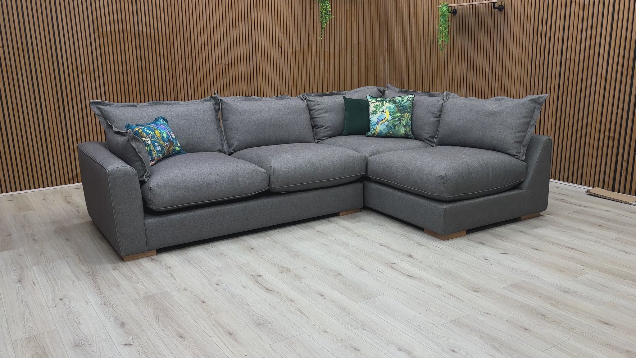 Video preview demonstrating the features and scale of the 'Gaia' Charcoal Grey Right Hand Facing Corner Sofa.