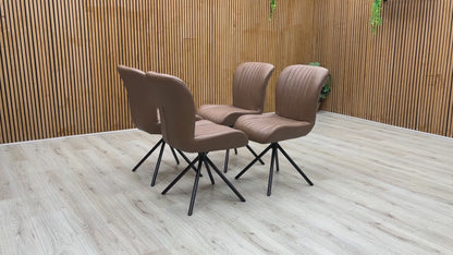 Product video tour of the Bodahl ‘Terra’ Tan Brown Leather Swivel Dining Chairs, demonstrating the smooth auto-return swivel mechanism, premium leather texture, and robust frame stability.