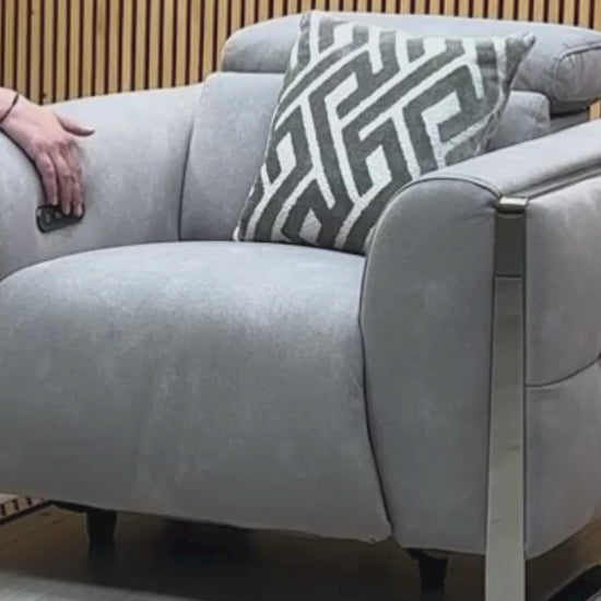 Video Of ‘Gisella’ contemporary power recliner armchair, beautifully upholstered in a sophisticated, soft-touch Dexter Smoke Grey fabric with a tailored clean-lined design.