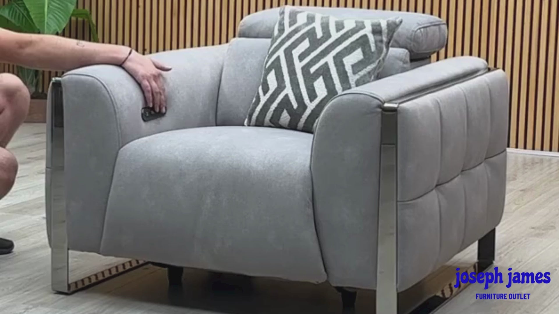 Video Of ‘Gisella’ contemporary power recliner armchair, beautifully upholstered in a sophisticated, soft-touch Dexter Smoke Grey fabric with a tailored clean-lined design.
