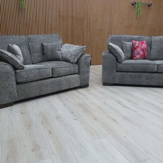 Video for a product clip demonstrating the size, fabric, and overall features of the 'Harvey' Meridian Charcoal Grey Chenille 3 + 2 Seater Sofa Set.