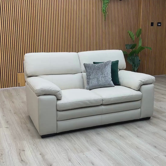 Video Of ‘World of Leather Cozee’ contemporary 2-seater stationary sofa, beautifully upholstered in high-grade NW-521E Frost White pure premium leather.
