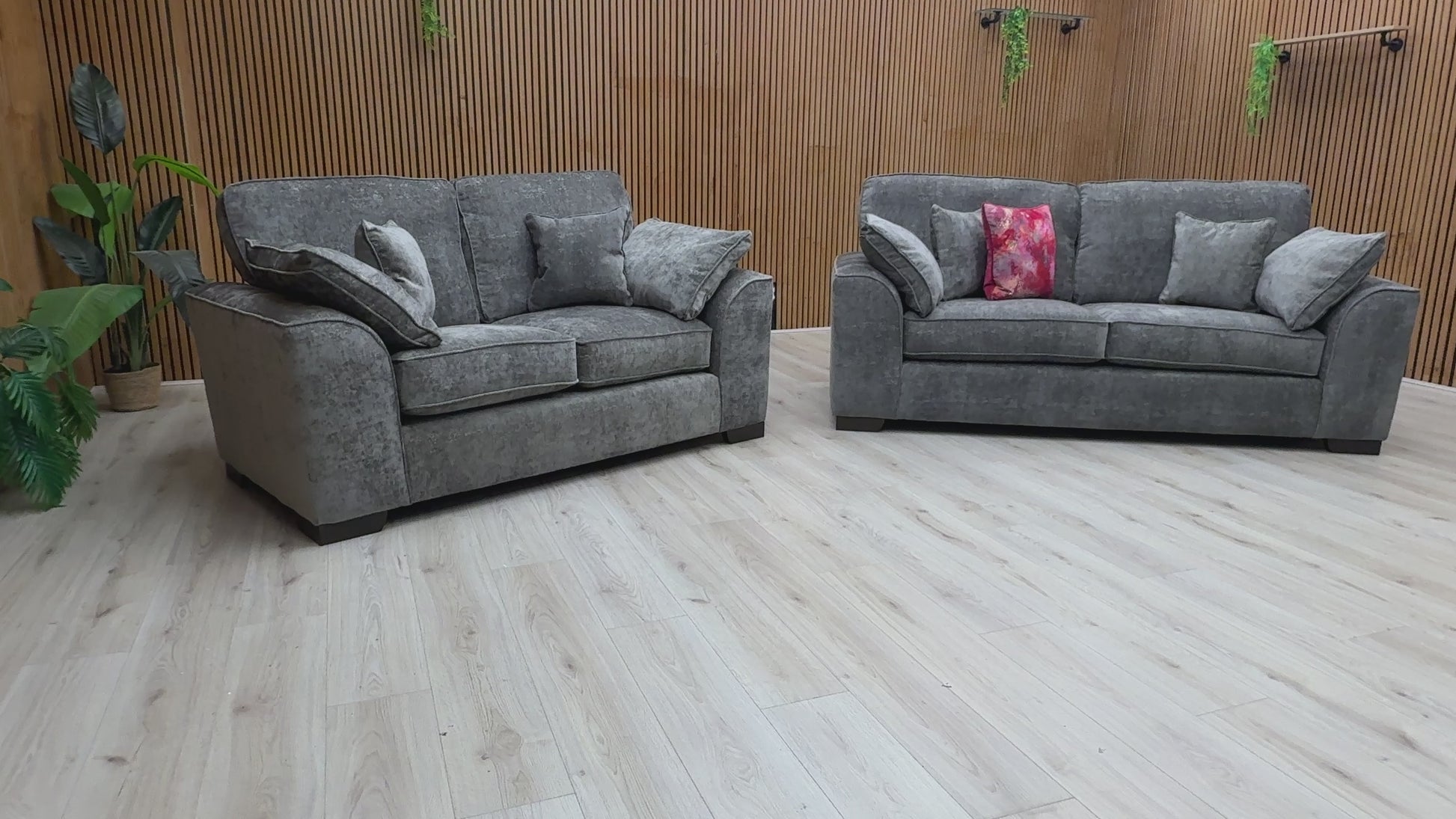 Video for a product clip demonstrating the features, fabric, and overall size of the 'Harvey' Meridian Charcoal Grey Chenille 3 + 2 Seater Sofa Set.