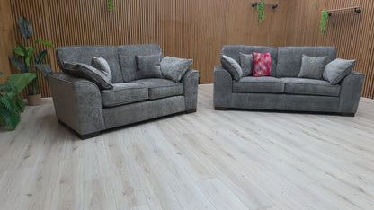 Video for a product clip demonstrating the features, fabric, and overall size of the 'Harvey' Meridian Charcoal Grey Chenille 3 + 2 Seater Sofa Set.