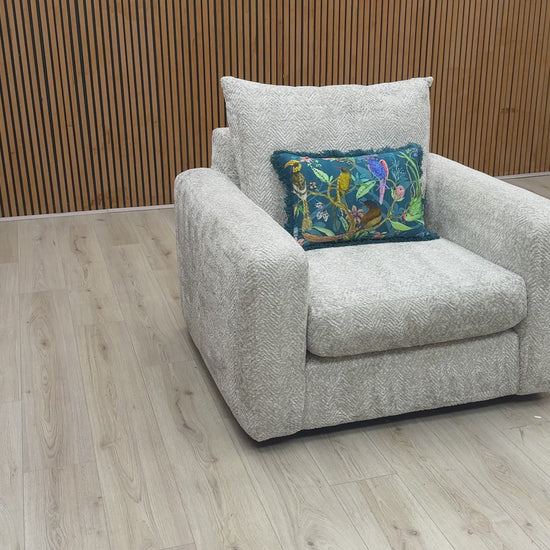 Video Of ‘Pandora’ contemporary accent armchair, beautifully upholstered in a sophisticated Chevron Silver patterned fabric with clean, modern lines.