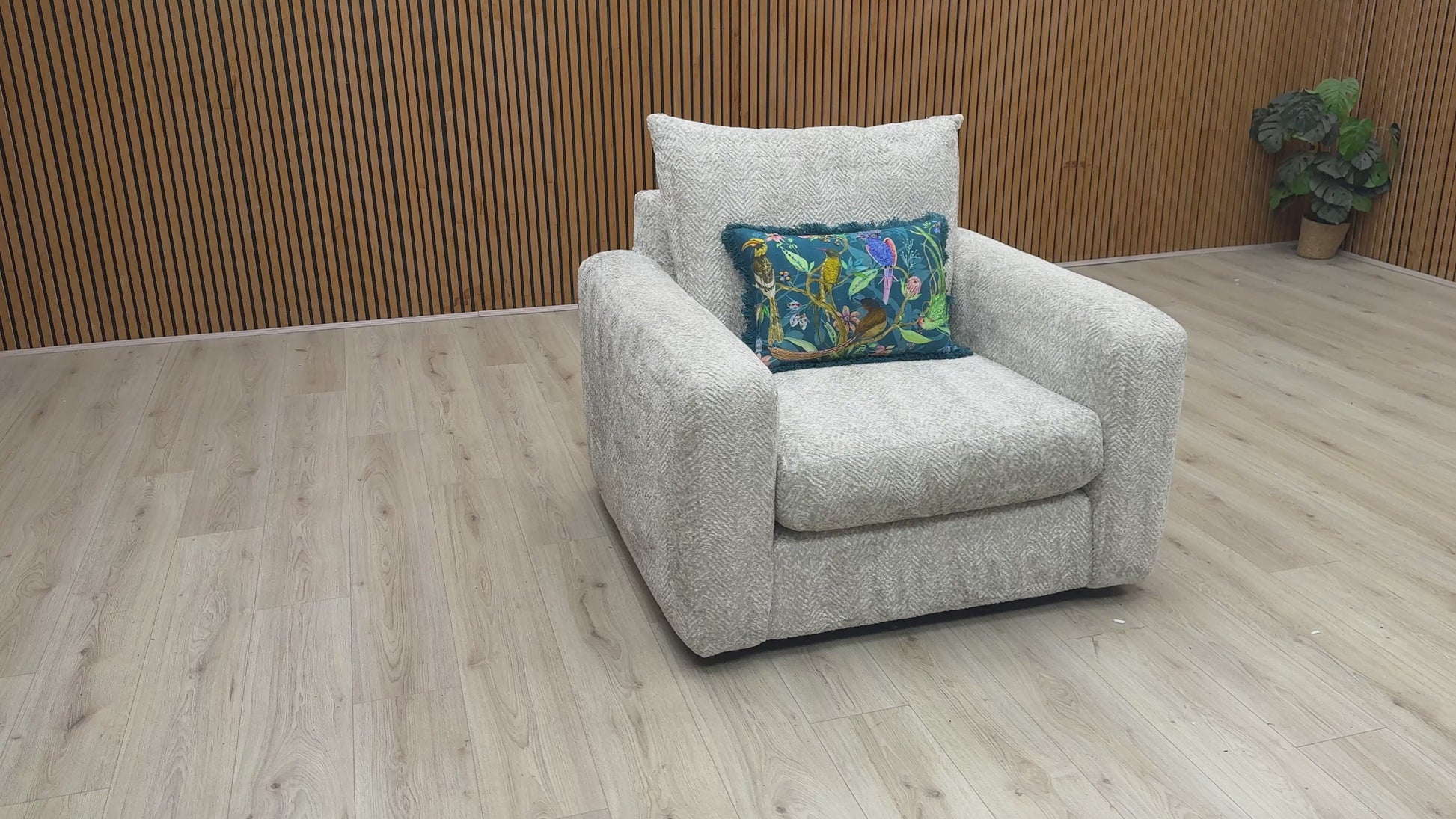 Video Of ‘Pandora’ contemporary accent armchair, beautifully upholstered in a sophisticated Chevron Silver patterned fabric with clean, modern lines.