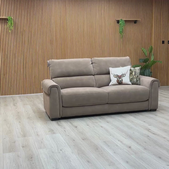 Video Of ‘Nixon’ contemporary 3-seater sofa, beautifully tailored in high-performance Dexter Sand 43507 fabric upholstery.