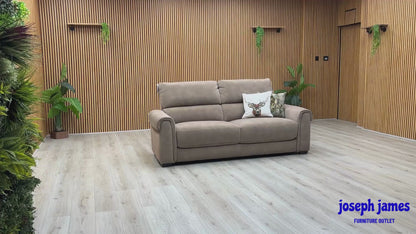 Video Of ‘Nixon’ contemporary 3-seater sofa, beautifully tailored in high-performance Dexter Sand 43507 fabric upholstery.