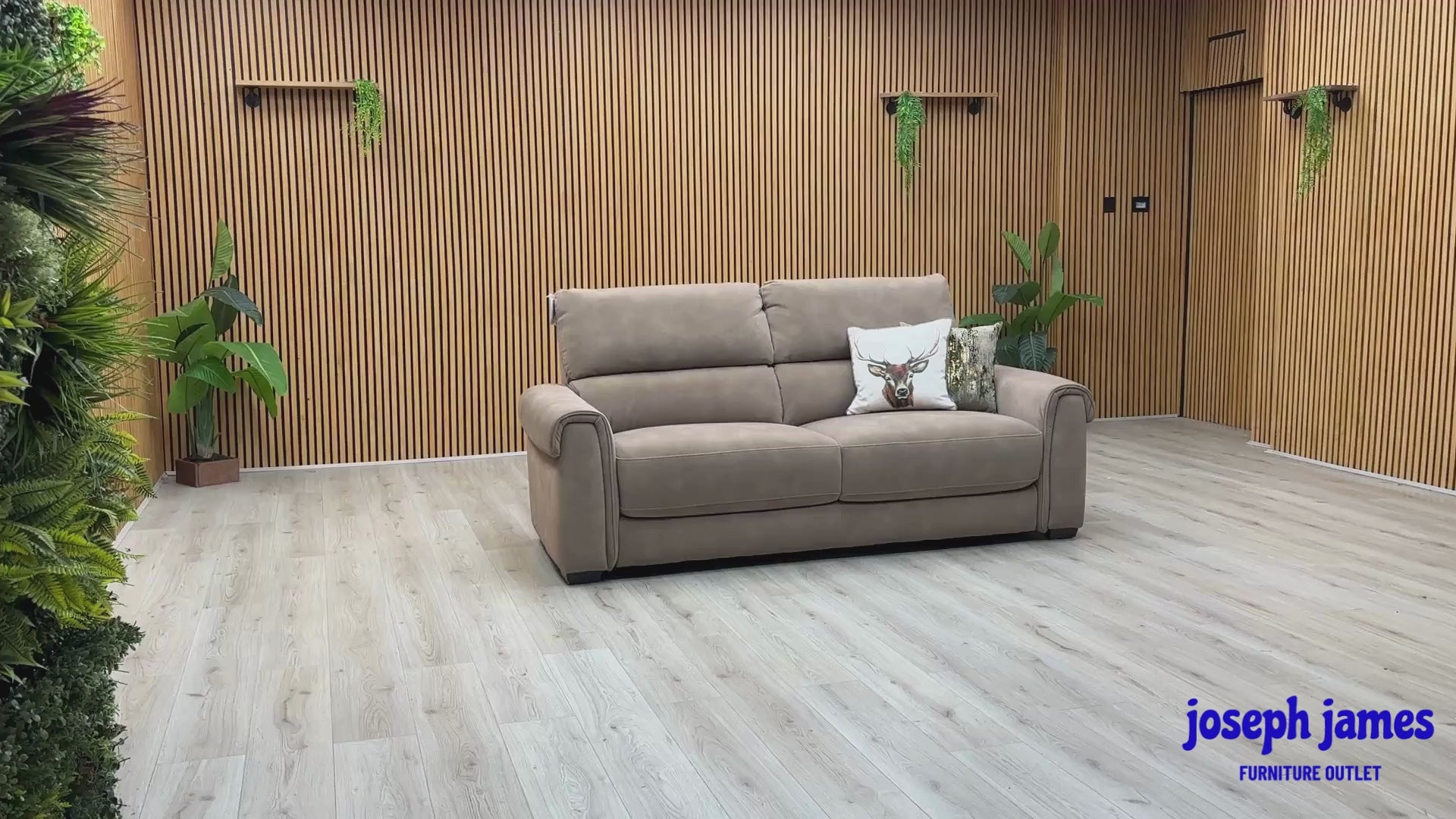Video Of ‘Nixon’ contemporary 3-seater sofa, beautifully tailored in high-performance Dexter Sand 43507 fabric upholstery.