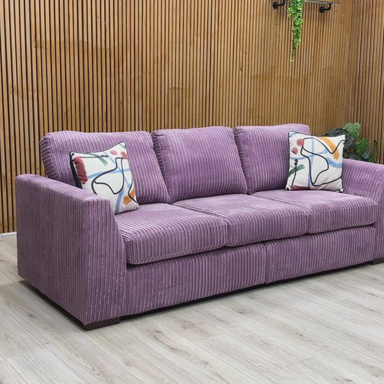 Video tour showcasing the rich, velvety texture of the lilac Marley jumbo cord fabric and demonstrating the deep, supportive comfort of the seat cushions.