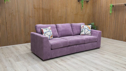 Video tour showcasing the rich, velvety texture of the lilac Marley jumbo cord fabric and demonstrating the deep, supportive comfort of the seat cushions.