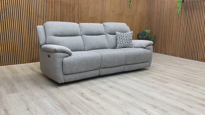 Product video tour of the ‘Touch’ Pewter Fabric 3 Seater Power Recliner, demonstrating the smooth reclining motion, the fabric's durability, and the USB port functionality.