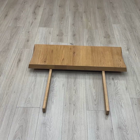 Video Of ‘Earth’ contemporary 35cm extending dining table leaf, showcasing a beautifully crafted solid oak top with a natural, organic live edge profile.