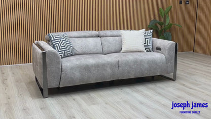 'Gisella' Marble Stone Grey Velvet Fabric 3 Seater Power Recliner Sofa with Power Headrests