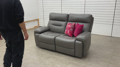 ‘Cinemax' Le-9308 Grey Leather 2 Seater Power Recliner Sofa with Power Headrests and Media Arms