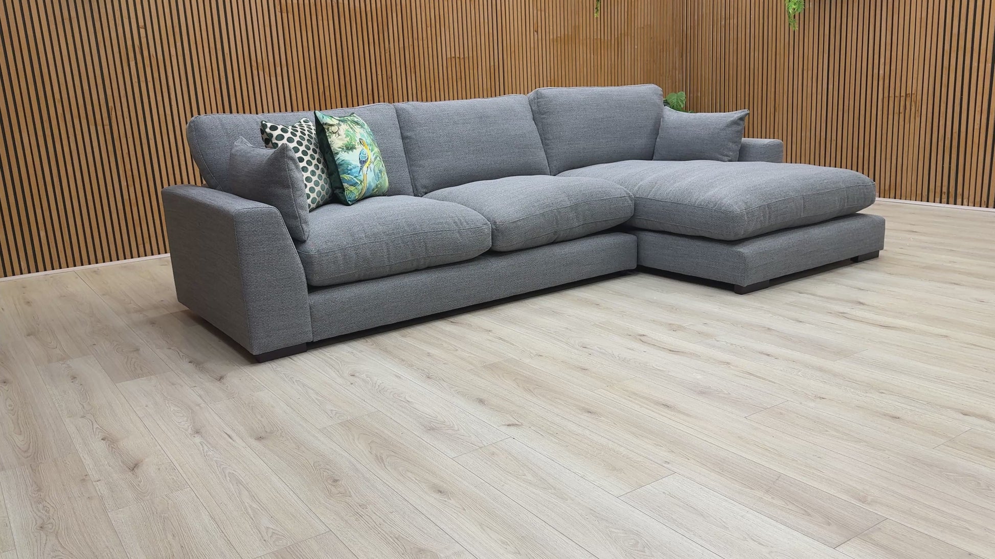 Video preview of the Plush Slate Grey Large Right Hand Facing Chaise End Sofa.