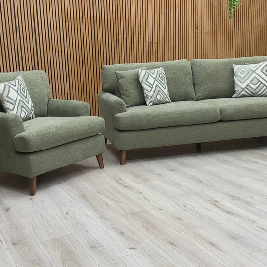 Video preview demonstrating the luxurious feel and design details of the 'Jackson' Fern Green Chenille Fabric sofa and chair.