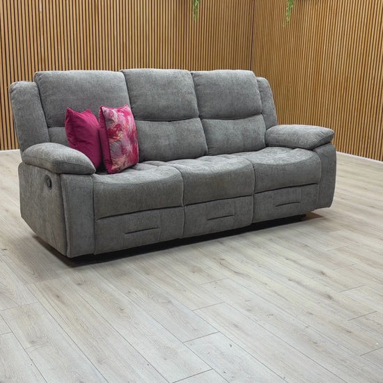 Video Of ‘Weston’ contemporary living room suite, featuring a 3-seater and 2-seater manual recliner sofa set upholstered in a durable Mocha tight-weave fabric.
