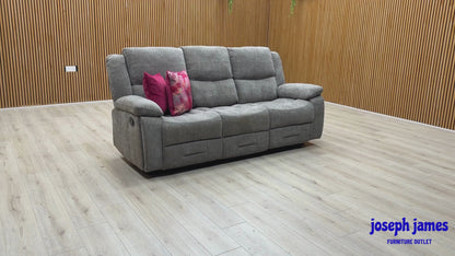 Video Of ‘Weston’ contemporary living room suite, featuring a 3-seater and 2-seater manual recliner sofa set upholstered in a durable Mocha tight-weave fabric.