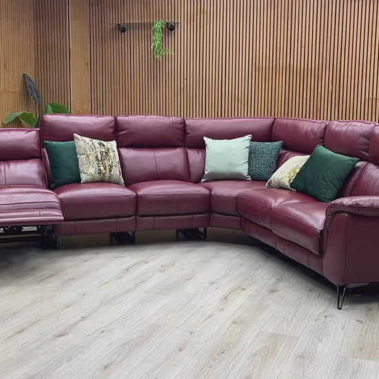 Video Of ‘Contempo’ contemporary modular corner sectional sofa, beautifully upholstered in high-grade Burgundy Red leather featuring integrated dual electronic power reclining mechanisms.
