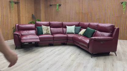 Video Of ‘Contempo’ contemporary modular corner sectional sofa, beautifully upholstered in high-grade Burgundy Red leather featuring integrated dual electronic power reclining mechanisms.