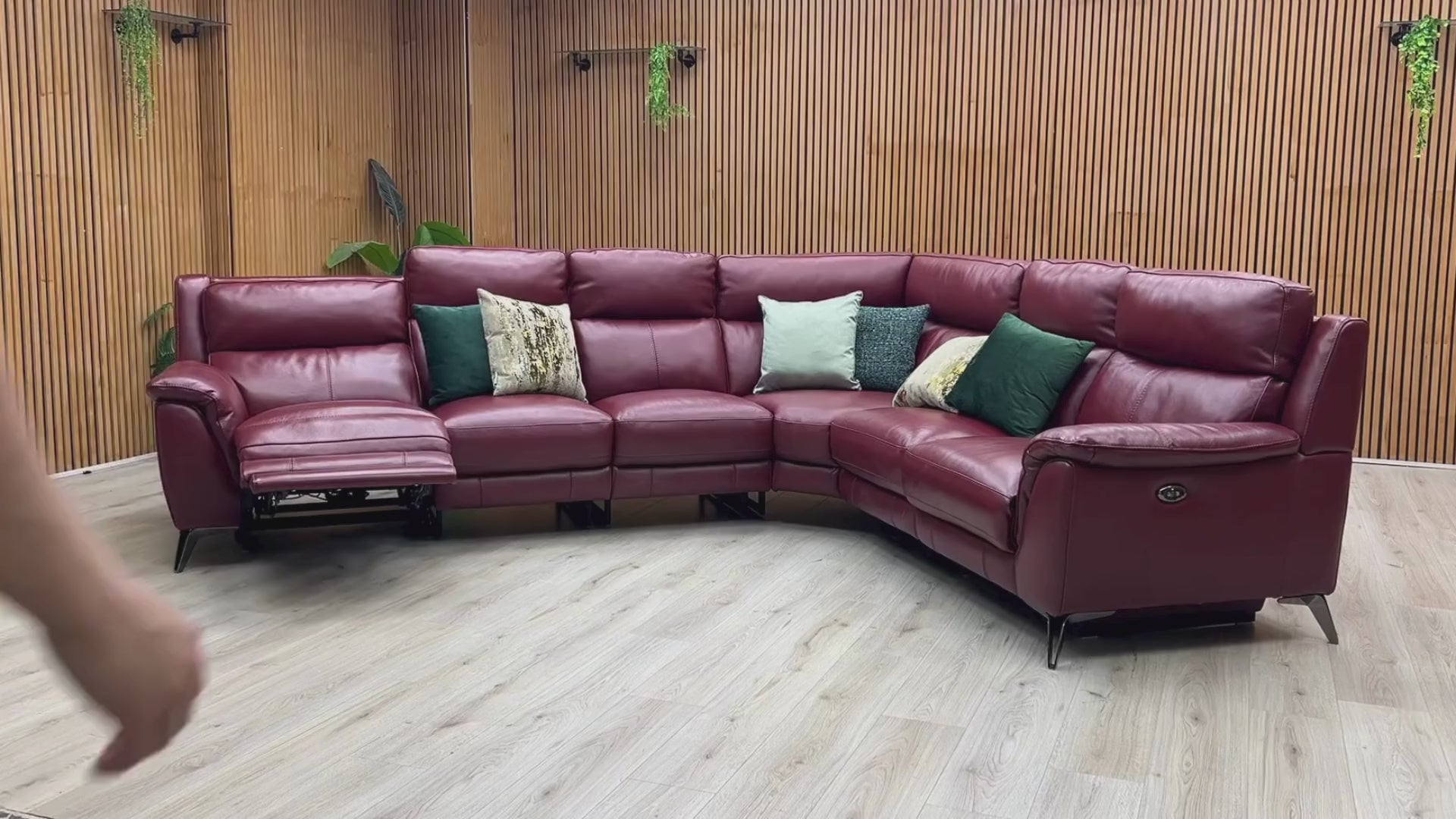 Video Of ‘Contempo’ contemporary modular corner sectional sofa, beautifully upholstered in high-grade Burgundy Red leather featuring integrated dual electronic power reclining mechanisms.