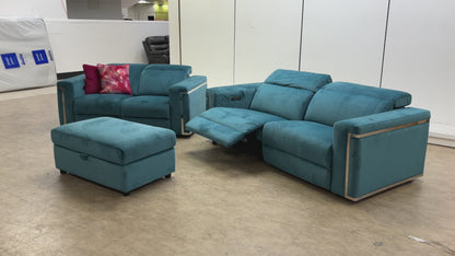 Video demonstrating the functionality of the 'Cora' teal velvet sofa set, showing the electric recliners and power headrests in action.