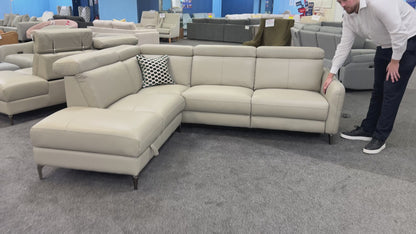 ‘Nico’ Stone Leather Power Recliner Left Hand Facing Chaise Corner Sofa with Storage and Adjustable Headrests