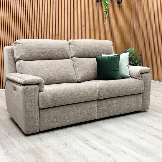 Product video demonstration of the G Plan ‘Thornbury’ Destiny Storm Oatmeal Fabric Power Recliner Sofa, showcasing the smooth, quiet motorized movement, cushion loft, and high-performance fabric.