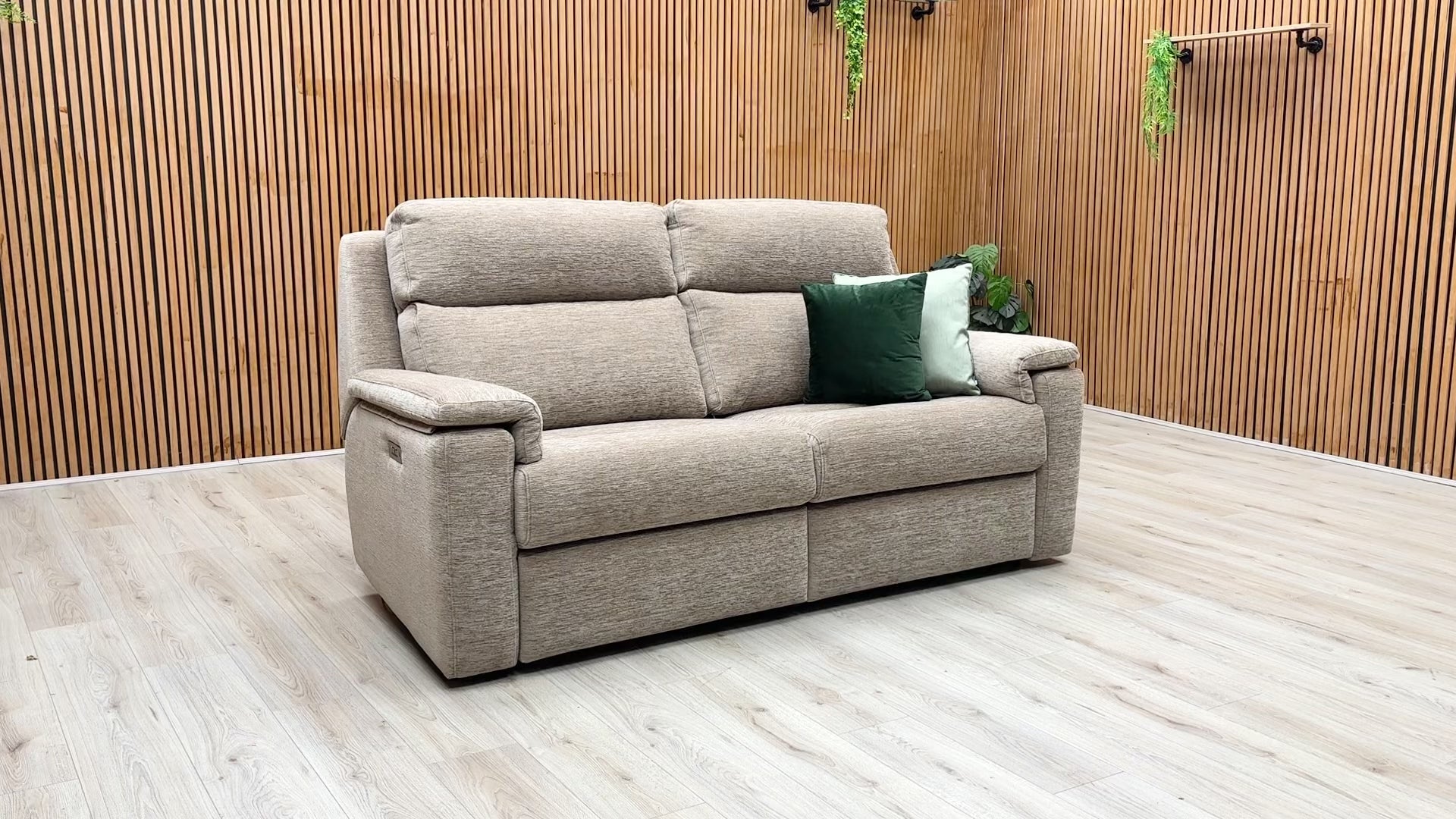 Product video demonstration of the G Plan ‘Thornbury’ Destiny Storm Oatmeal Fabric Power Recliner Sofa, showcasing the smooth, quiet motorized movement, cushion loft, and high-performance fabric.