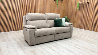 Product video demonstration of the G Plan ‘Thornbury’ Destiny Storm Oatmeal Fabric Power Recliner Sofa, showcasing the smooth, quiet motorized movement, cushion loft, and high-performance fabric.