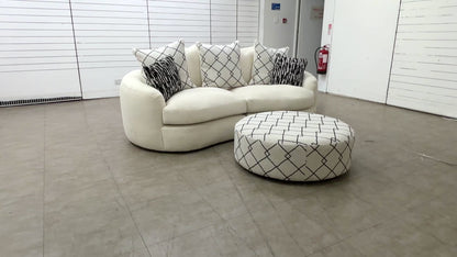 'Bow' Ecru Ivory Boucle 3 Seater Sofa + Pattern Ivory Boucle Footstool