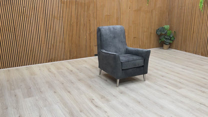 Video demonstration of the ‘Collins’ accent chair, showcasing the depth of the granite grey velvet and overall seating comfort.