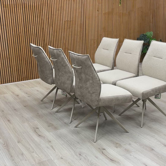 Video preview demonstrating the auto-return swivel function of the dining chair.