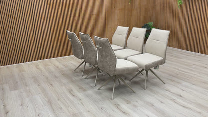 Video preview demonstrating the auto-return swivel function of the dining chair.