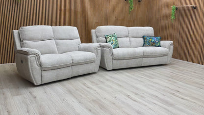 ‘Ashton’ Chunki Pumice Chrome Insert Woven Fabric 3 + 2 Power Recliner Sofa Set