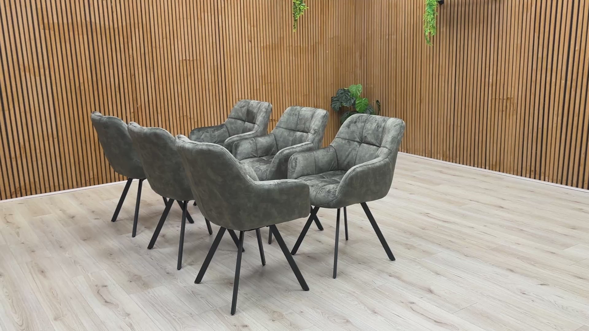 Video preview of the 'Jade' Olive Green Velvet Swivel Dining Chair, demonstrating the 360-degree swivel function.
