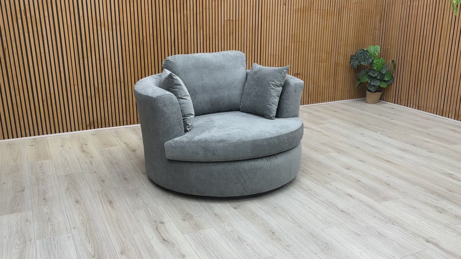 Video preview of the Freya Graphite Grey Large Swivel Chair.